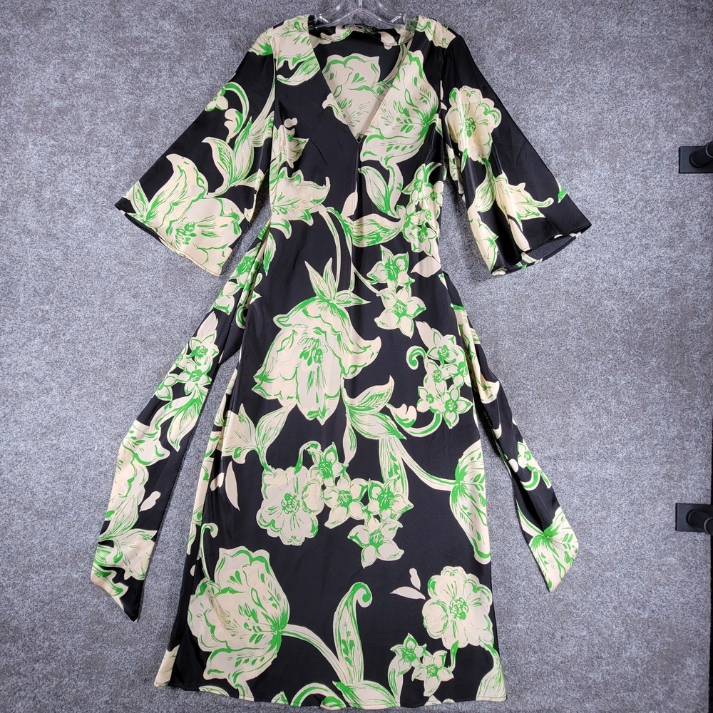 Zara Fit & Flare Dress Womens S Black White Floral Flared Sleeves V-Neck Belted